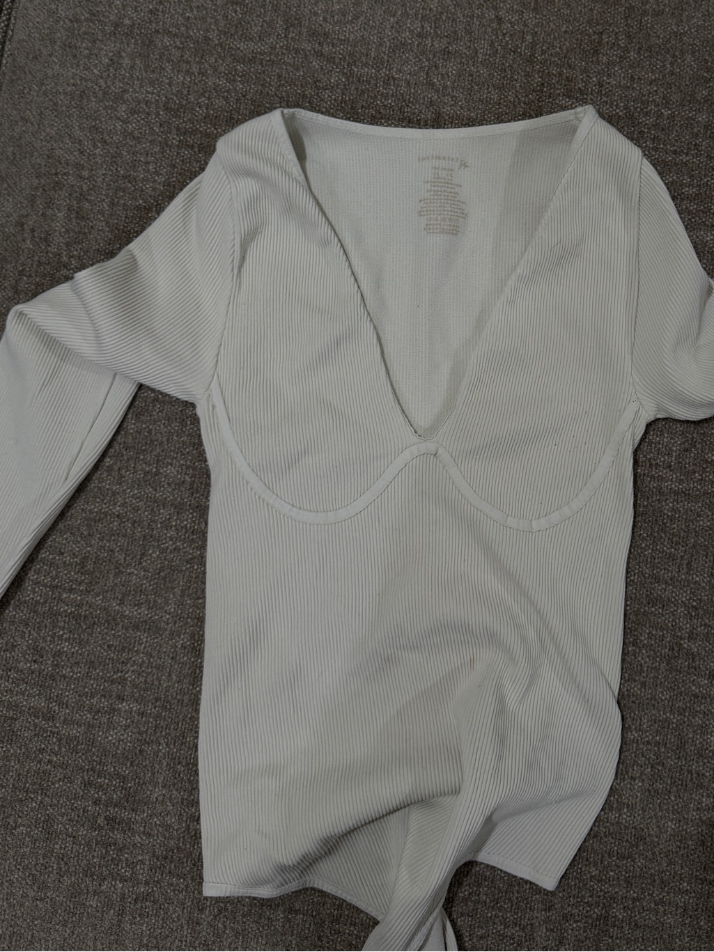 Free People Ivory Ribbed V-Neck Long Sleeve Bodysuit